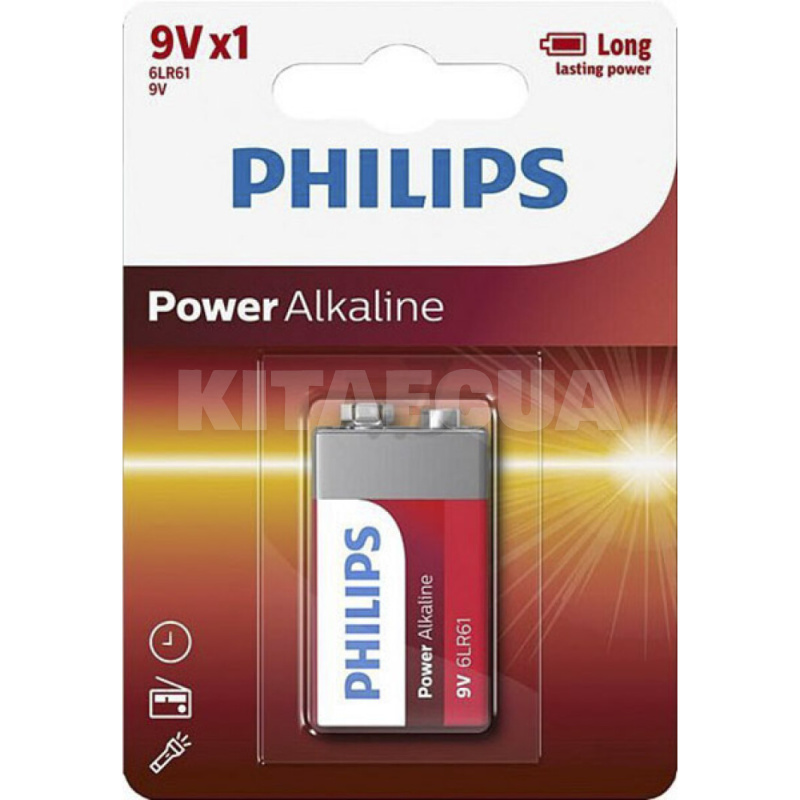 Батарейка прямоугольная щелочная 9 В PP3 (Krona) Power Alkaline PHILIPS (PS 6LR61P1B/10)