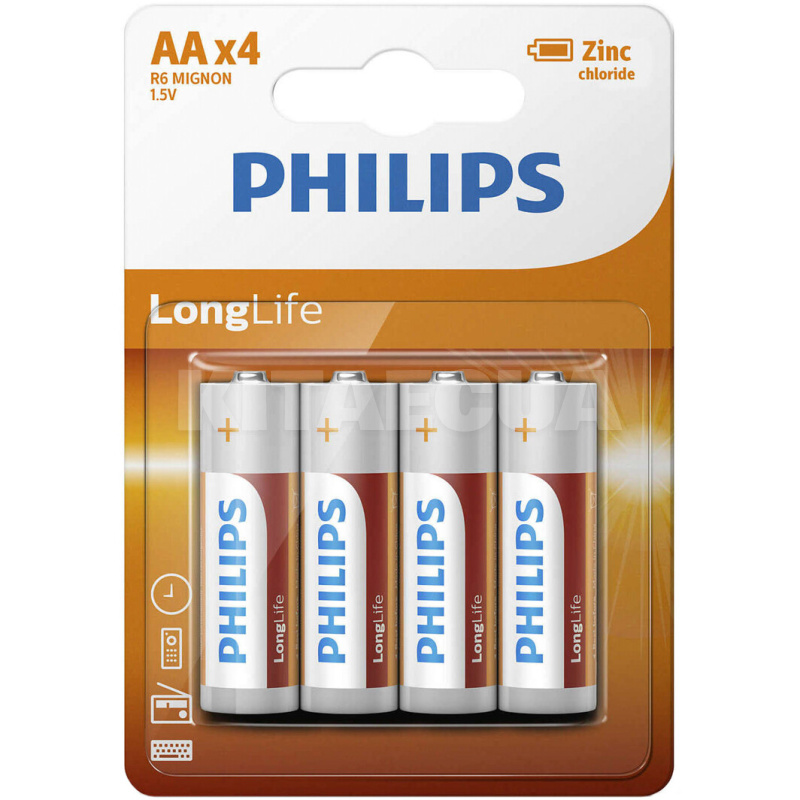 Батарейка цилиндрическая угольно-цинковая 1,5 В AA (4 шт.) LongLife PHILIPS (PS R6L4B/10)