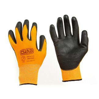 Перчатки рабочие полиуретановые оранжево-черные 10" СИЛА