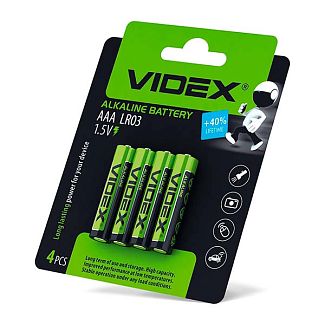 Батарейка цилиндрическая щелочная AAA 1.5 В 4шт. BLISTER CARD VIDEX